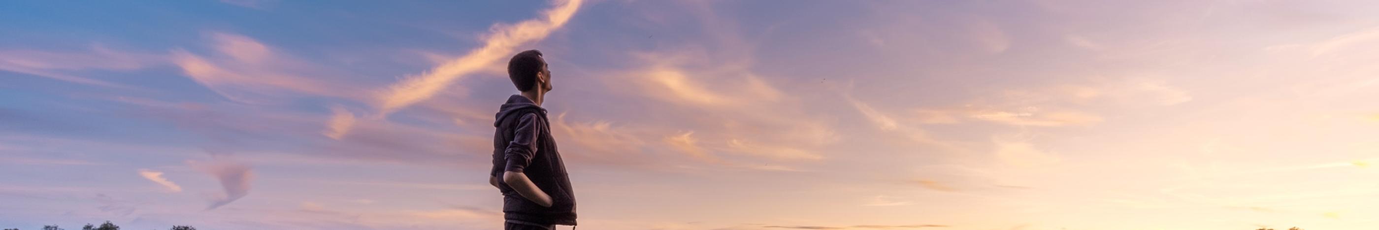 Ein Mann steht in einem Feld und schaut ins Weite. Der Himmel zeigt vereinzelt Wölkchen und ist zart violett gefärbt